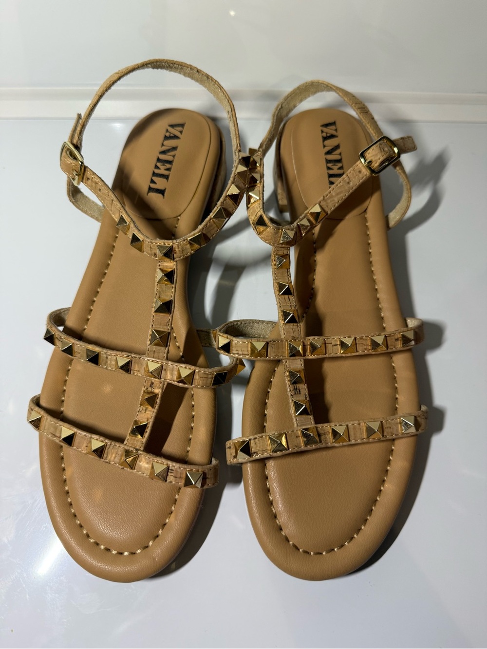 Vaneli Tan Studded Multi-Strap Leather Sandals size 8